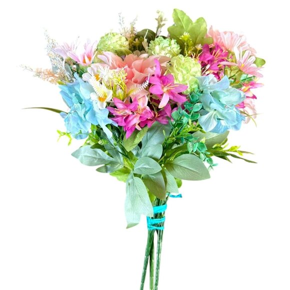 Upcycled Handcrafted Artificial Floral Arrangement Blue Green Pink Flowers OOAK - Picture 3 of 17